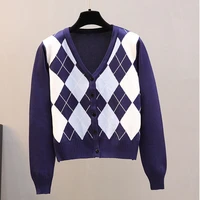 vintage argyle sweater cardigan crop top woman geometric rhombic long sleeve korean outerwear 2020 autumn winter v neck knitted