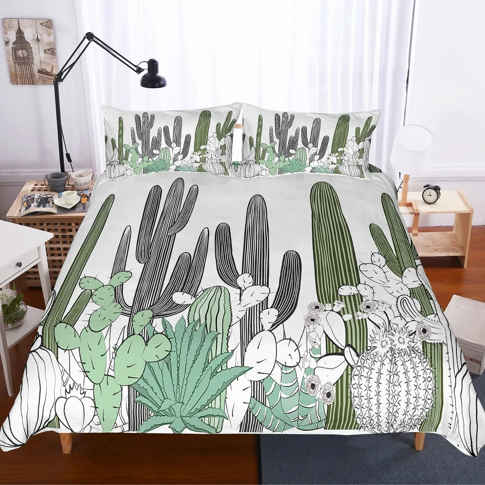 

Cactus Bed Cover with Pillowcase Green White Black Tropical Plants Bedding Set Single Double Full Queen Custom for Adult Teens