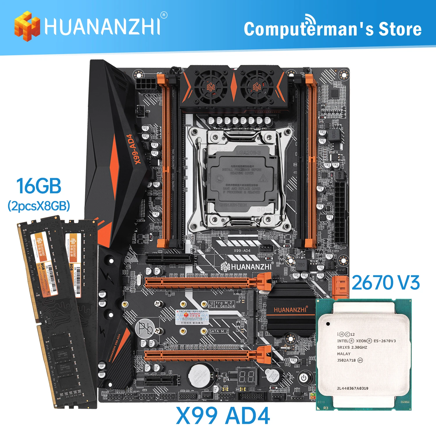 

HUANANZHI X99 AD4 X99 Motherboard combo kit set CPU Intel XEON E5 2670 V3 Memory 2*8G DDR4 NON-ECC 2400 memory M.2 NVME NGFF USB