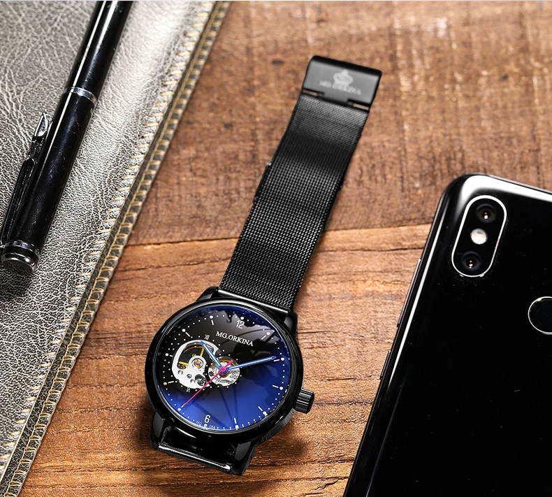 Reloj Hombre автоматические часы мужские s модные спортивные из нержавеющей стали сетки Группа скелет механические наручные часы для мужчин