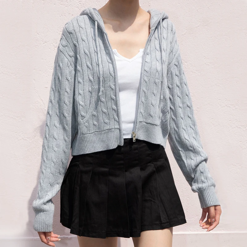 

Women Comfy Cable Cropped Hooded Knit Cardigan With A Zip-up Front And Side Pockets