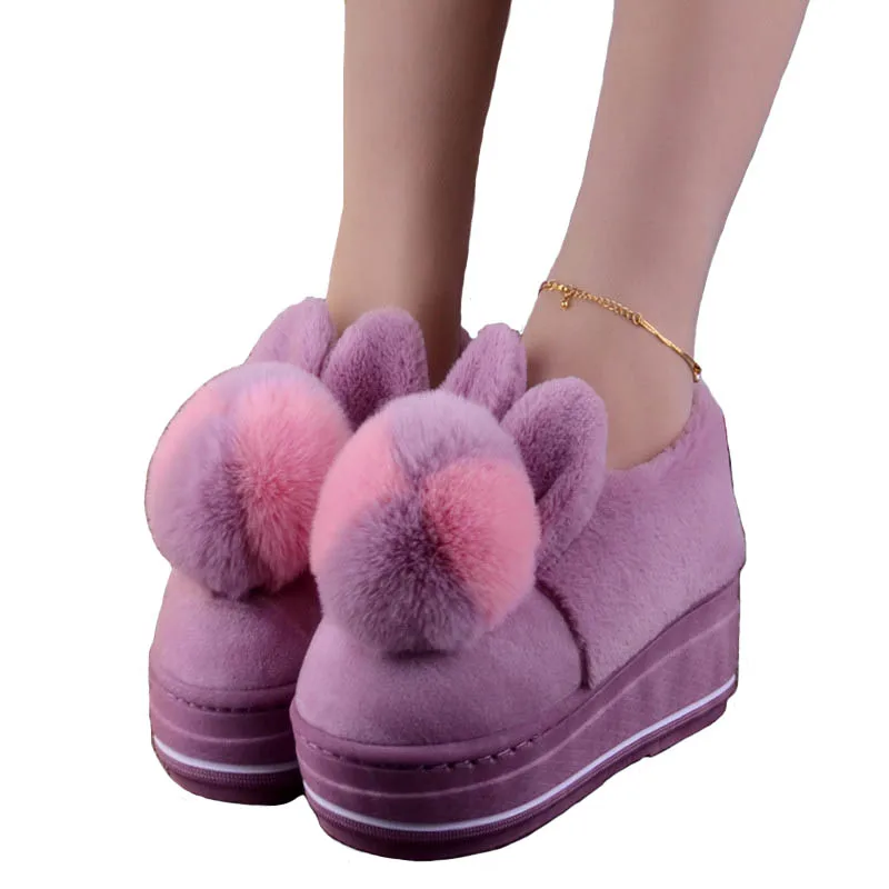 

2021 Winter High-heeled Thick-soled Cotton Slippers Female Indoor Home Anti-skid Hair Ball Home Plush Warm Month Shoes