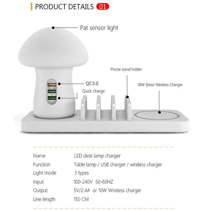 

LED Mushroom lamp Wireless Charger for iPhone Samsung Universal Phone Accessories QC 3.0 Quick Charger USB Fast Charging Dock