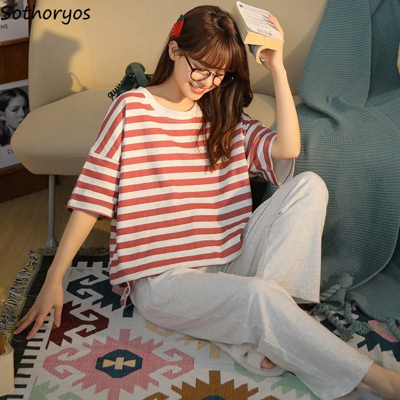 

Pajama Sets Women Short Sleeve Striped Korean Style Summer Leisure Cute Sleepwear Full Length Pant Fashion Loose Pyjamas New