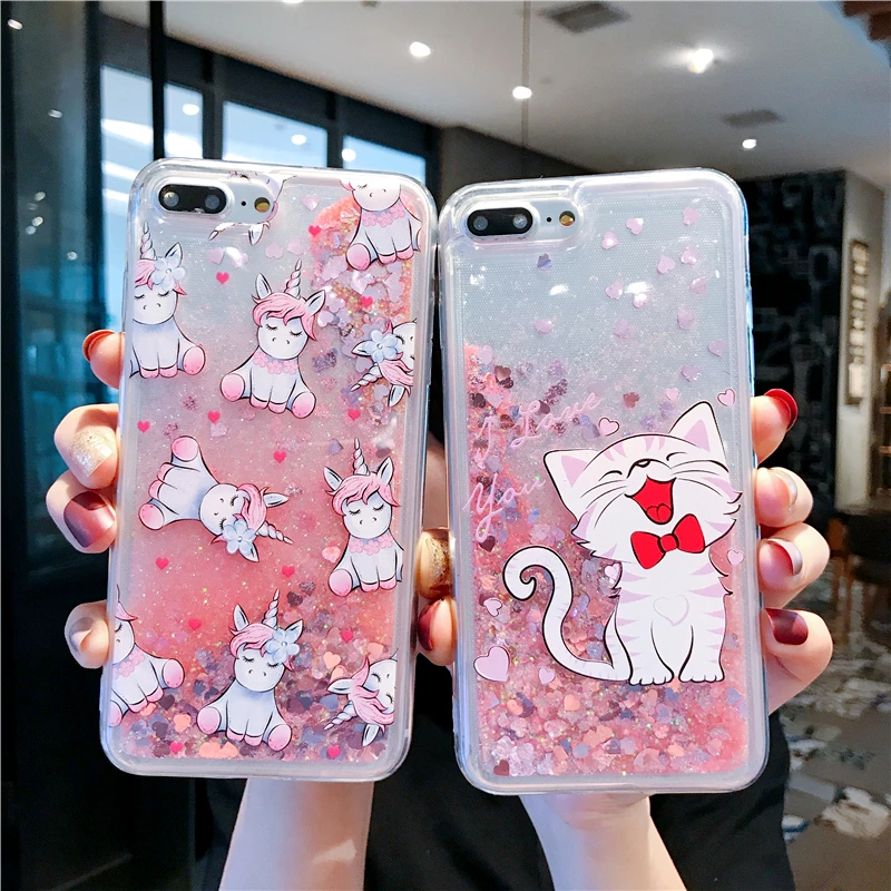 Жидкий чехол для iPhone 11 Pro XS Max X XR 5 с пандой единорогом кошкой блестящим зыбучим