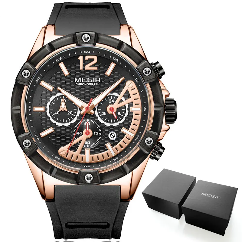 MN2083G-Rose-Black MEGIR армейские спортивные водонепроницаемые кварцевые наручные часы для мужчин синий силиконовый секундомер Relojios Masculinos светящиеся часы 2083GBE-2 - Цвет: MN2083G-Rose-Black