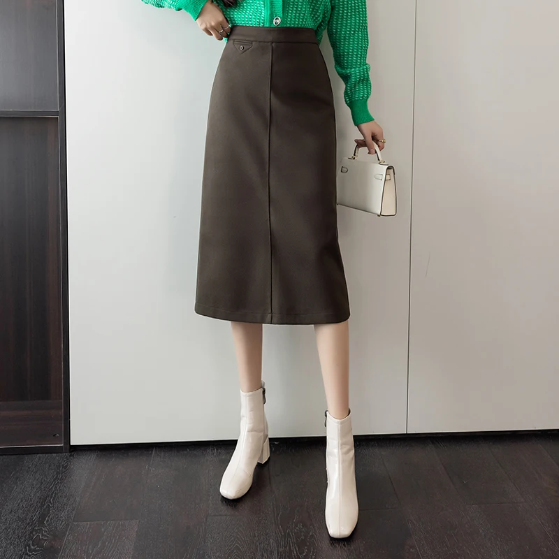 

Woolen Mid-length Skirt 2021 Autumn Winter New High Waist A-line Wool Skirt Office Ladies Elegant Package Hip Skirts