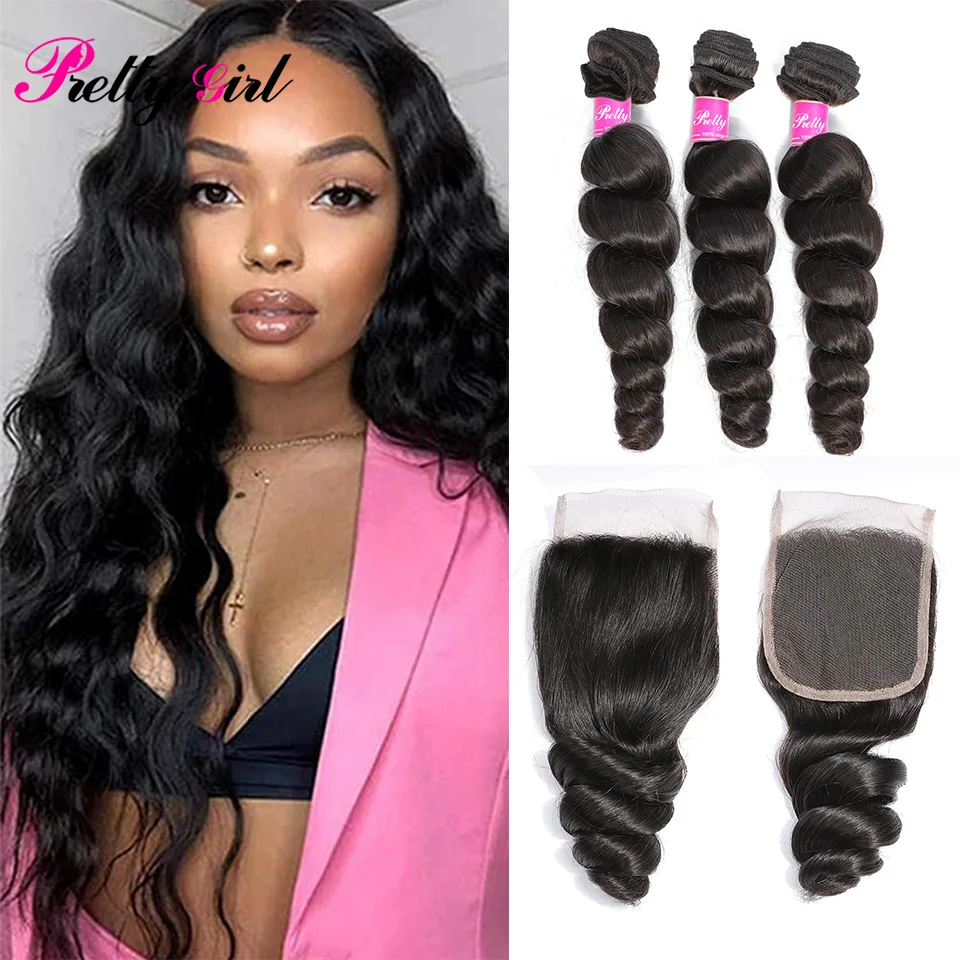 

Brazilian Hair Loose Wave 4x4 Lace Bundles With Closure Human Hair Loose Wave Bundles With Closure For Hair Woman Free Wig Cap