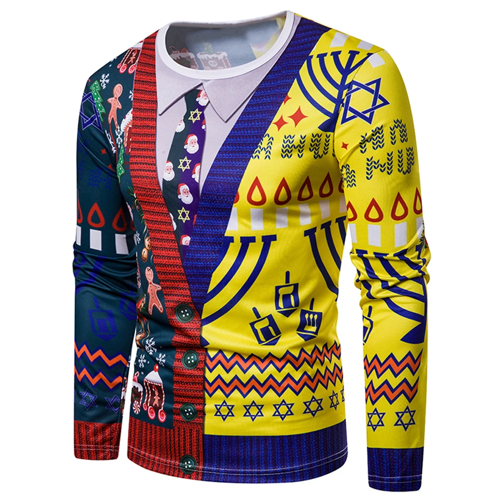 Christmas Tree Print Men Tshirt O Neck long Sleeve Tee Top Casual Hip Hop 3D Tee Shirt Camisetas Hombre Party Funny T Shirts - Цвет: Style5 A