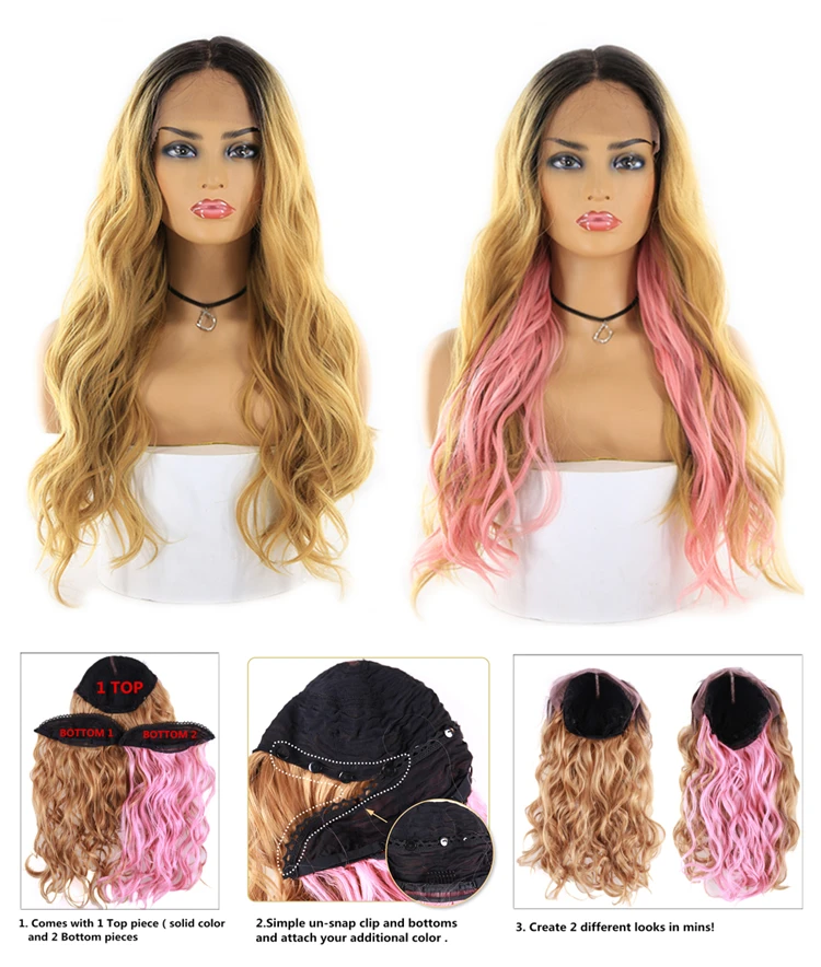 

X-TRESS Trendy Lace Front Wigs Wavy Long Hair Heat Resistant Fibre Split Color 2 Part Splice Wigs Natural Black & Grey Color