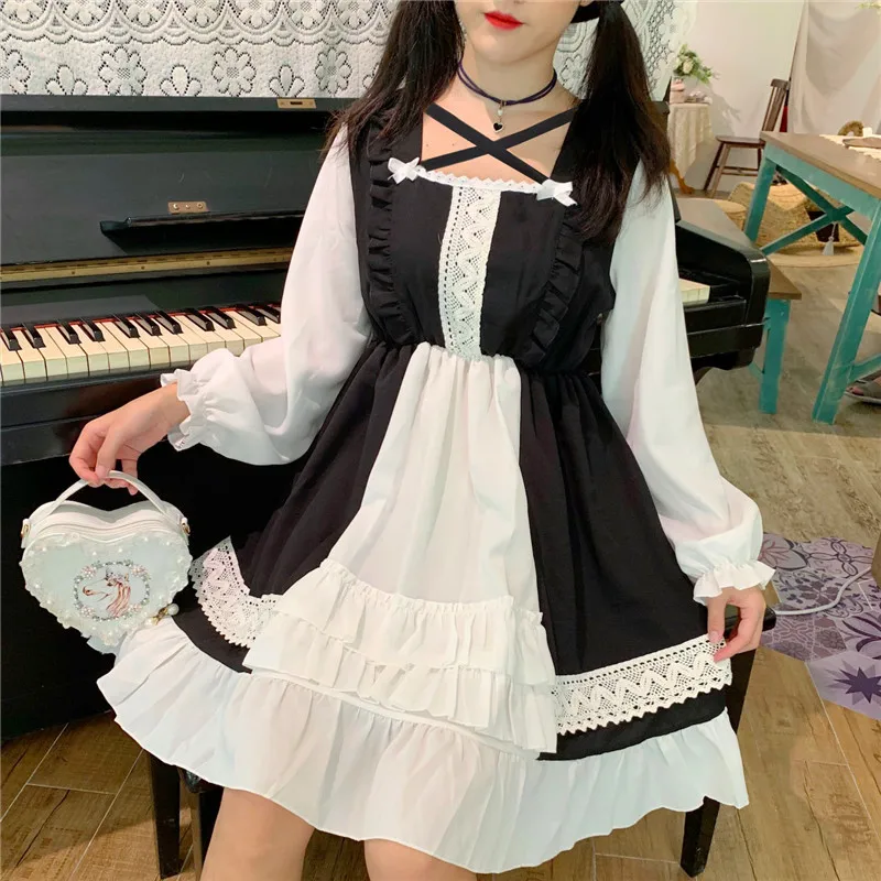 Kawaii/платье в японском стиле «Лолита»; мягкое милое Повседневное платье для девочек с короткими рукавами; студенческое летнее платье