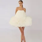 Женское мини-платье из тюля цвета слоновой кости, без бретелек, с оборками, пышные летние платья из тюля, шикарные короткие платья на заказ, вечернее платье, дешево