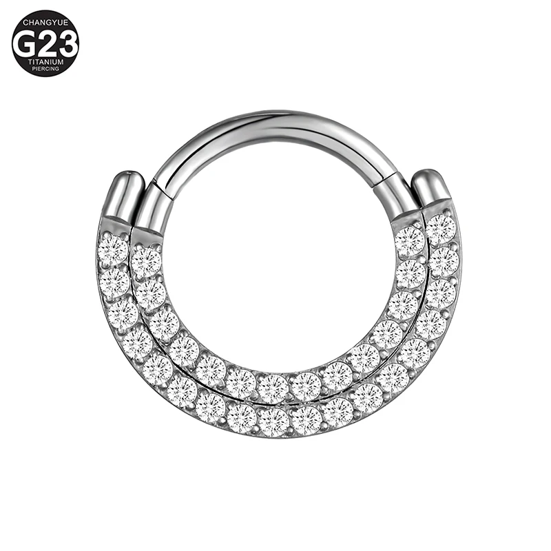 

1PC F136 Titanium Piercing Double Zircon Hoop Hinged Segment Clicker Septum Piercing Earring Daith Helix Cartilage Body Jewelry