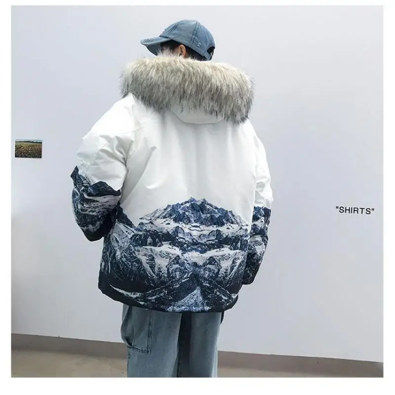 M-5XL Plus Size Men's Winter Puffer Jacket Thicken Winter Coat Warm Outwear with Removerable Fur Hood Mountain Printed Coat Mens