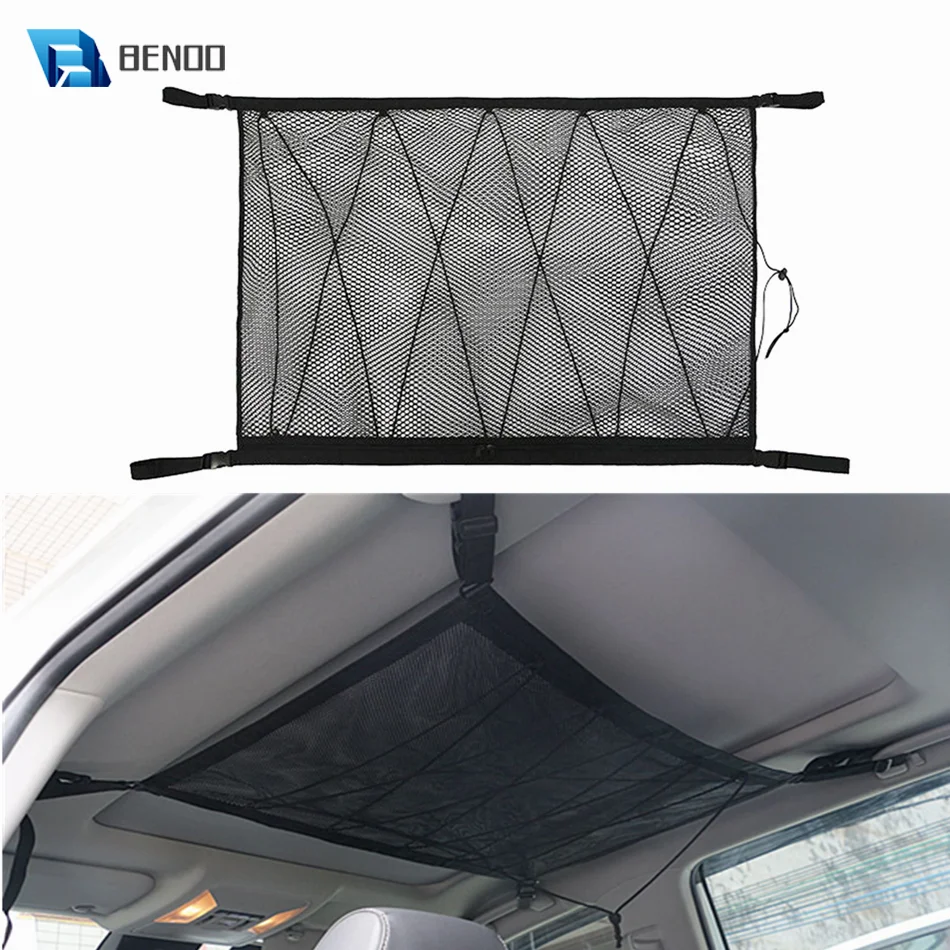 

55cm*80cm Car Interior Ceiling Cargo Net Bag Adjustable Double-Layer Mesh Roof Organizer Zipper and Drawstring Design Universal