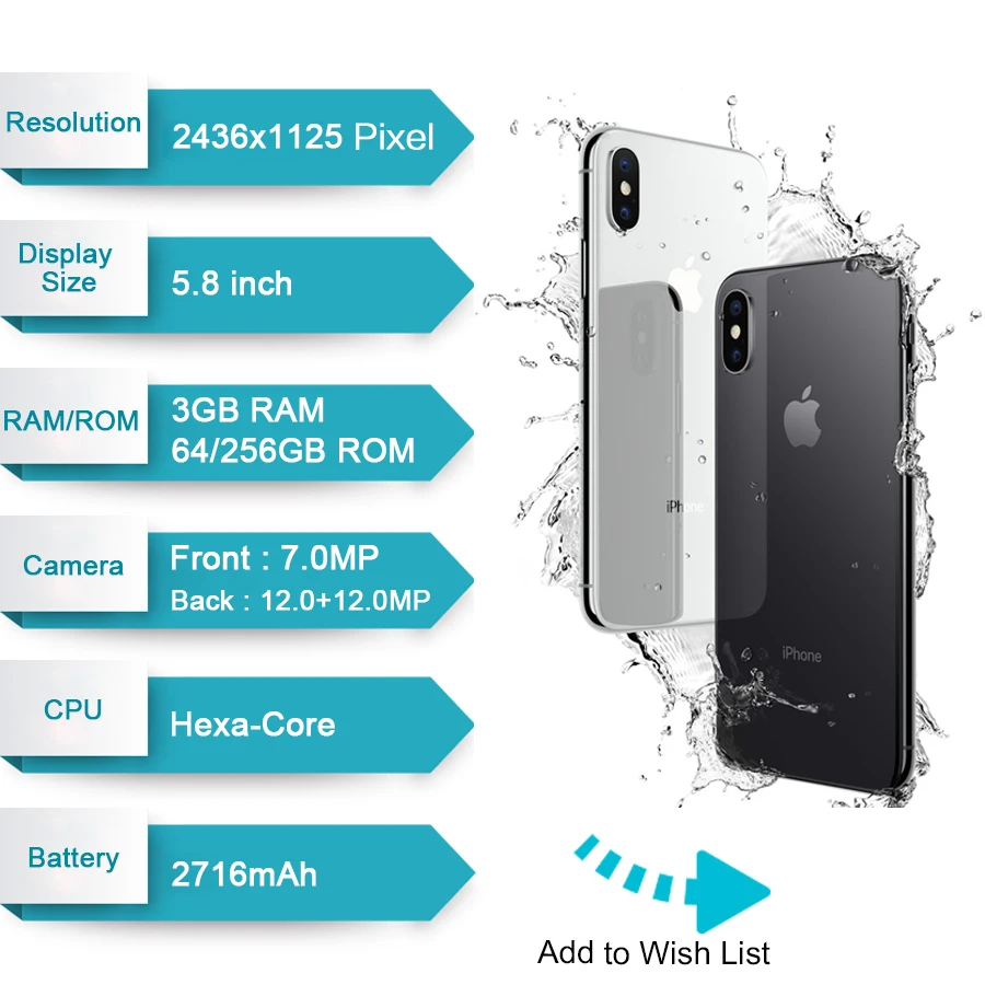 

Original Apple iPhone X Face ID 64GB/256GB ROM 3GB RAM 12MP Hexa Core iOS A11 5.8 inch Dual Back Camera 4G LTE Unlock iphone x