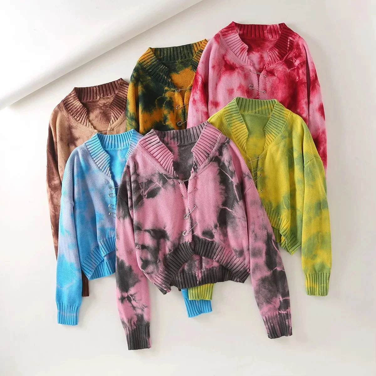 

TEELYNN long sleeve short jacket sweaters cardigan vintage green Tie-dye jumper autumn sweatershirt coat brooch casual sweater