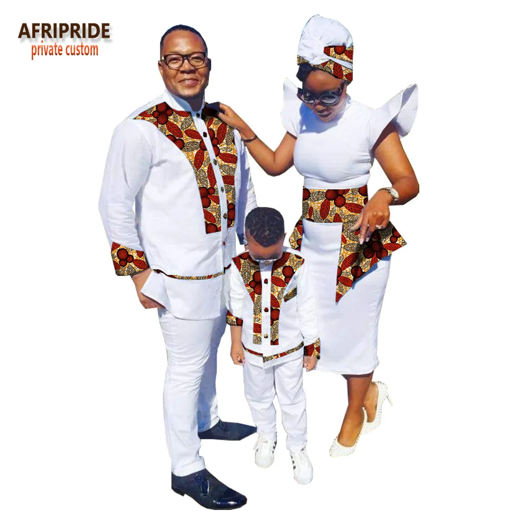 Семейная одежда с принтом в африканском стиле AFRIPRIDE, мужской костюм+ женское платье до середины икры с платьем и шарфом+ костюм для мальчиков Семейный комплект, A18F001