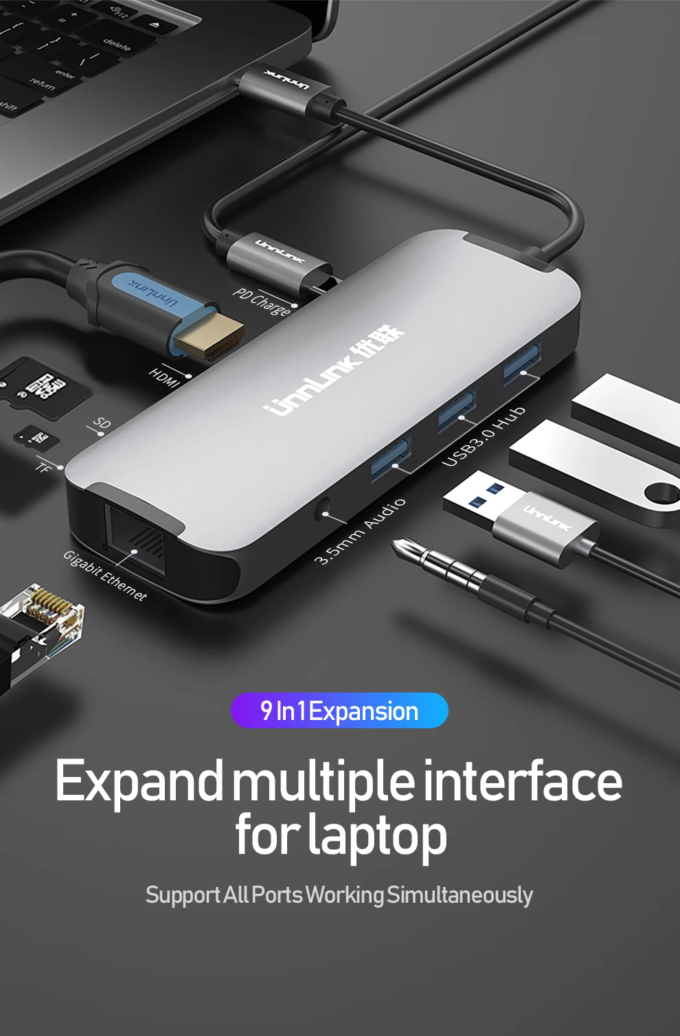 Unnlink usb-хаб USB C к HDMI USB3.0 SD TF кард-ридер Thunderbolt 3 док-адаптер для MacBook pro S8 S9 S10 Dex P20 P30 mate 20
