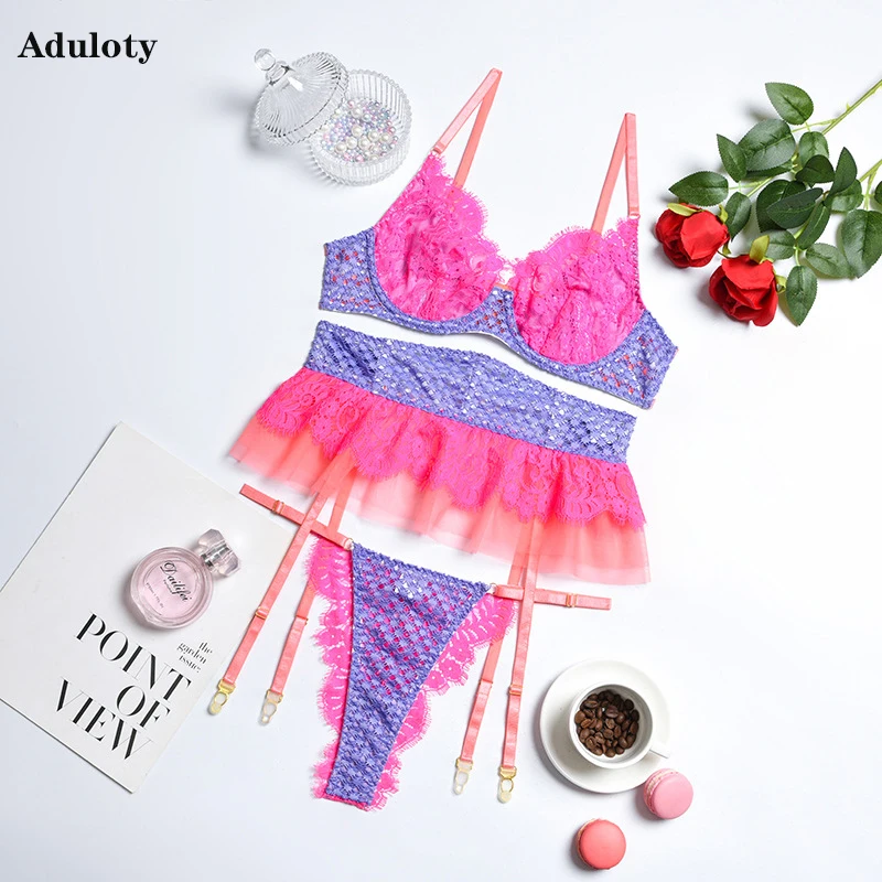 

Aduloty's New Sexy Eyelashes Lace Women's Underwear Thin Section Mesh See-Through Lingerie Underwire Bra Garter Belt Thong Set