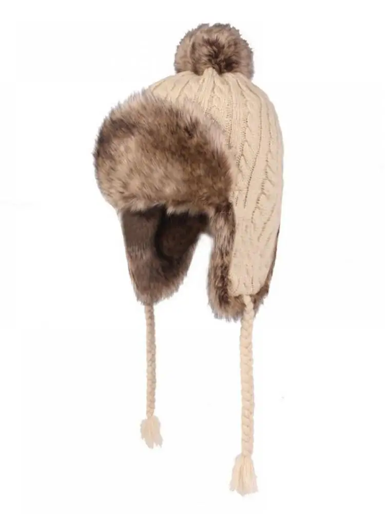 

Womens Earflap Cap Thick Warm Winter Hat Rabbit Fur Hat Ladies Knitted Hats with Braids Windproof Trapper Ski Caps AZXS1