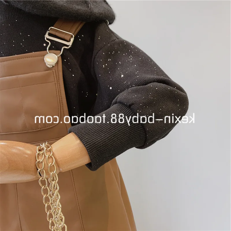 Autumn New Arrival Girls Fashion 2 Pieces Sets Warm Fleece Long Sleeve T Shirt+PU Overalls Dress Thanksgiving Outfits