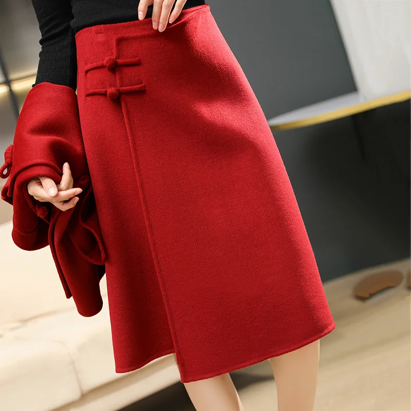 2021 Chiese Knot Buttons Wool A-Line Skirt Knee Length 100% Woolen Fabric Crisp Black Red Skirts Fle
