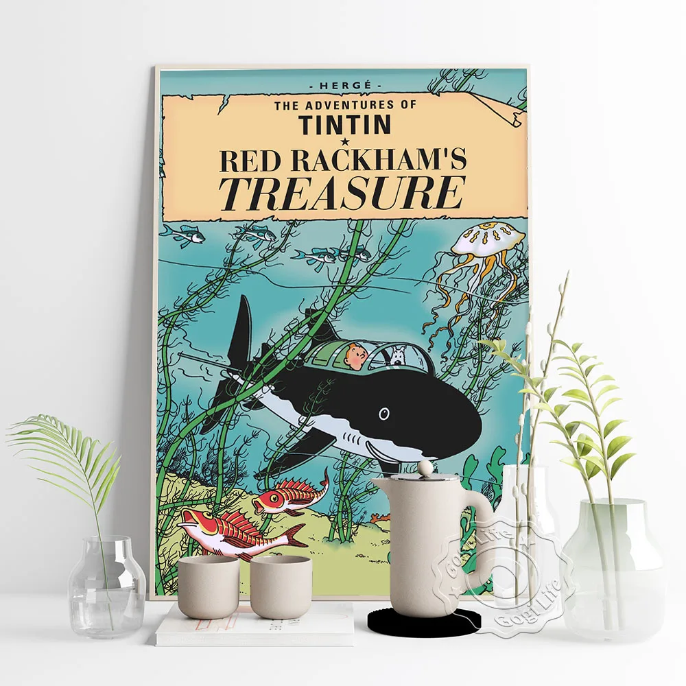 

The Adventures Of Tintin Vintage Art Poster, Herge Comics Works Illustration, Space Moon Adventures Kids Room Decor Mural, Gift