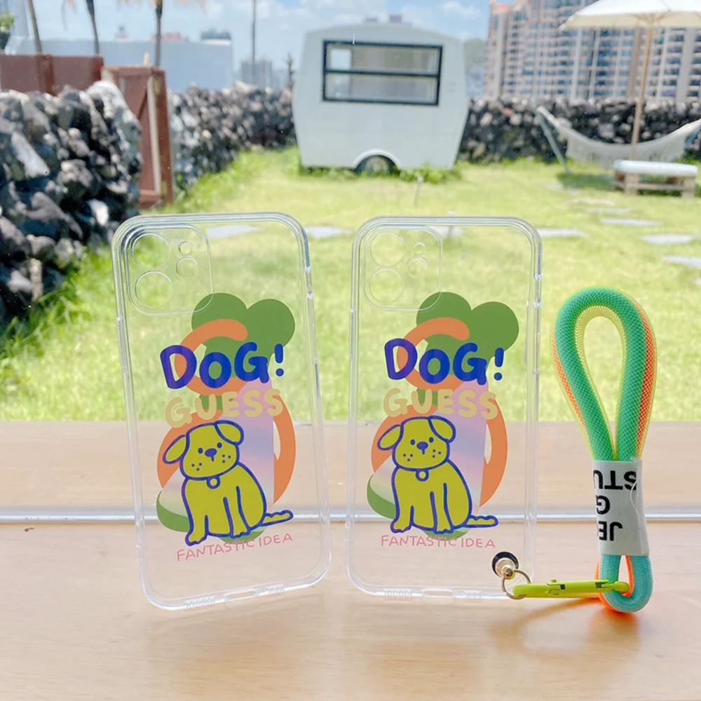 

For OPPO Reno 6 5 Pro Realme X XT F9 F11 Pro K1 TPU Shockproof Transparent Korea Ins Cute Fluorescent Dog with Lanyard Case