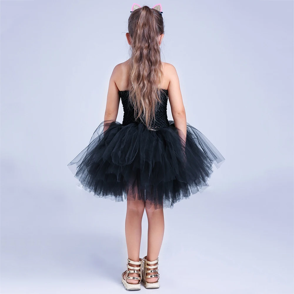 

Black Halloween Cat Costume Fluffy Knee Length Girls Summer Dresses Child Bunny Bow Sleeveless Tutu Dress with Cat Ear Headband