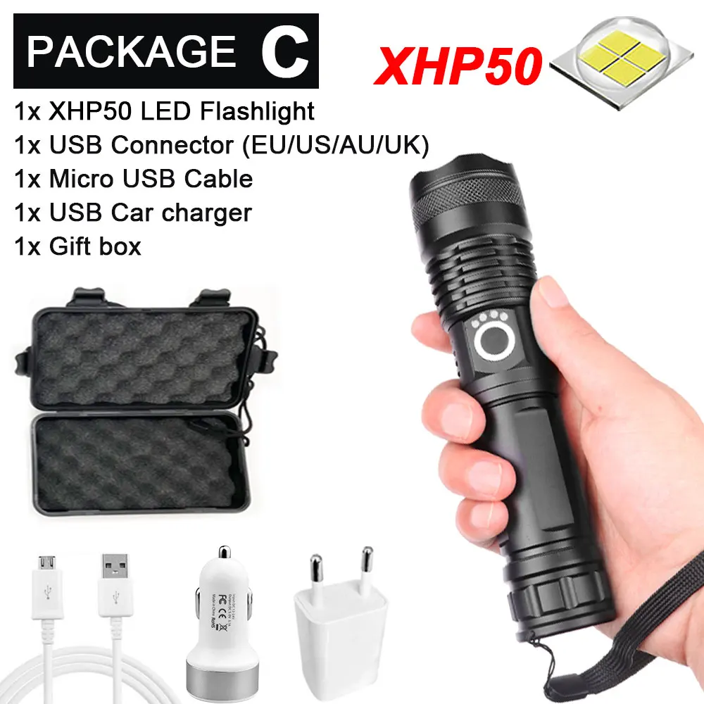 Package C-XHP50 Мощный светодиодный фонарик с XHP 70,2, лампа с бусинами, масштабируемый, 3 режима освещения, светодиодный фонарь, USB Перезаряжаемый, для кемпинга, охоты, лампа - Испускаемый цвет: Package C-XHP50