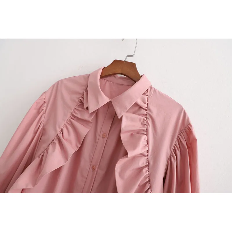 Za 2019 модные блузки для женщин розовый хлопок отложной воротник усаженный поплин