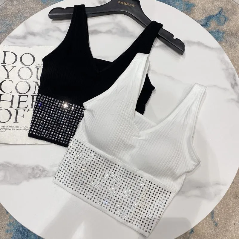 

Tanks Camisole Tops Women Fashion Streetwear Top Sexy Bling Diamond Fitness Club Wear Lingerie Removable Pad Wireless Underwear