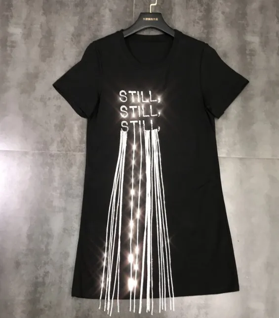black tshirt Новинка года, весенне-летняя футболка с короткими рукавами и кисточками с цепочкой для воды+ модная юбка на молнии модные костюмы с юбкой из 2 предметов - Цвет: black tshirt