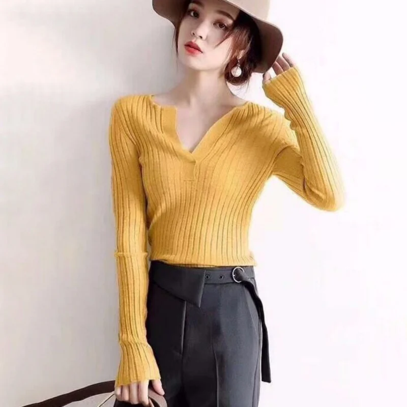 

Fashion Slim Pit Striped Sweater Thin Section Women Casual Solid Color Knitted Tops Female V-neck Long Sleeve Pullovers 6Colors