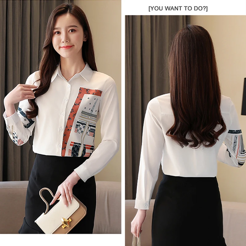 2021 New Korean Spring Chiffon Print Women Blouse Long Sleeve Ladies White Shirt Tops Female Button Blusas High Quality Clothing | Женская