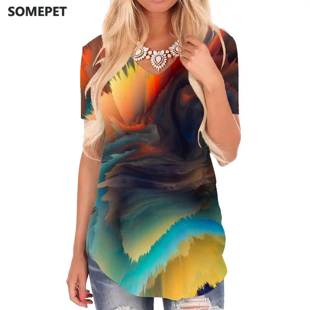 

SOMEPET Graffiti T-shirt women Colorful Funny T shirts Dizziness T-shirts 3d Pigment V-neck Tshirt Womens Clothing Summer Loose