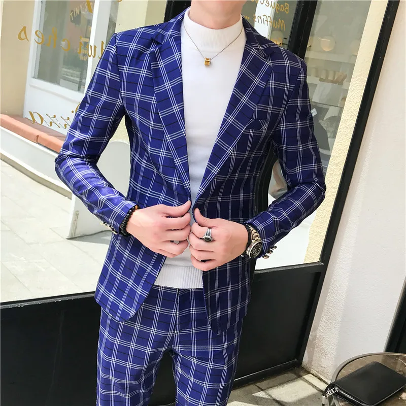Мужской Клетчатый костюм, костюм до лодыжки, Homme Mariage Cofee, в синюю полоску, в клетку, элегантный Trajes De Hombre Novio, клетчатый костюм для мужчин