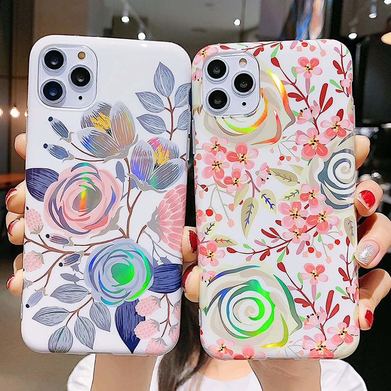 Глянцевый лазерный чехол для телефона с цветами iphone 12 Mini 11 Pro Max X XR XS 7 8 6 6S Plus SE 2020