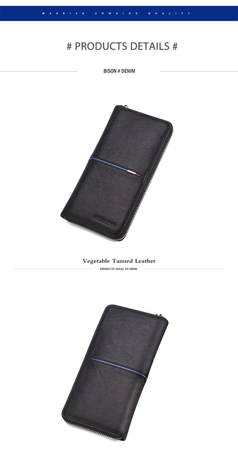BISON DENIM, Длинный кошелек из натуральной кожи на молнии, вместительный мужской кошелек для телефона, роскошный брендовый клатч, модный кошелек N8150