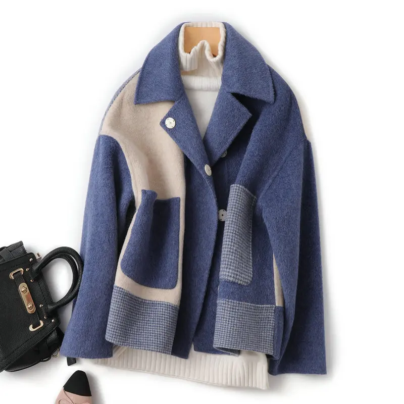 

Autumn and winter small hepburn wind high-end short loose thin grid wool coat double-sided cashmere coat girl