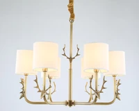 modern real bronze copper antler chandelier for bedroom dining living room fabric lampshade nordic chandelier lighting