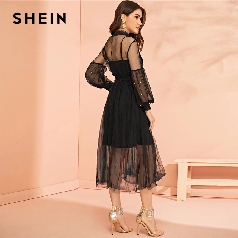 SHEIN Прозрачное Сетчатое Платье С Оригинальным Рукавом И Бусинами Нарядное Вечернее Платье На Бретельках С Открытой Спиной