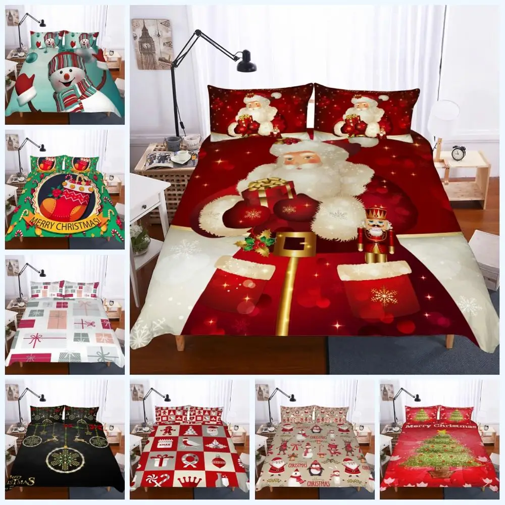 

Merry Christmas Bedding Set Snowy Green Forest Duvet Cover Santa Claus Bedspread Christmas Snowman Quilt Cover