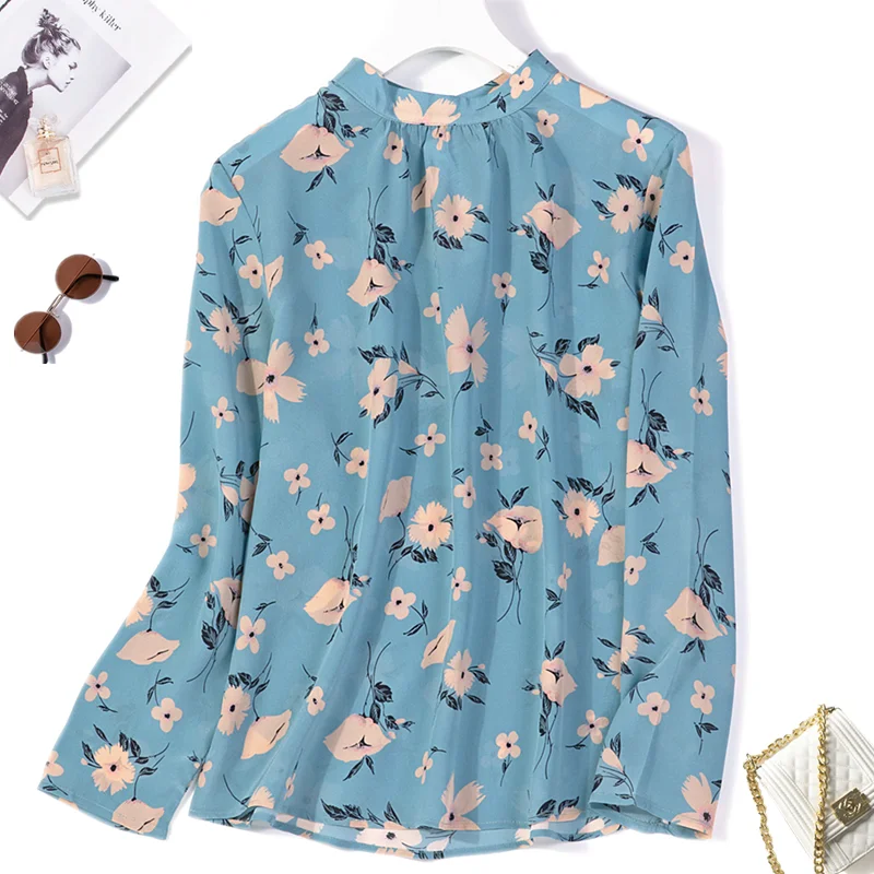 

Женская рубашка из шелка тутового шелкопряда с длинным рукавом, блузки, футболки с синим цветочным принтом, Размеры M, L, XL, JT042, 100%