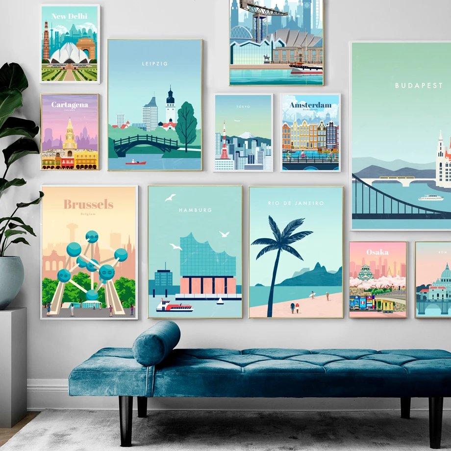

Cartoon City Silhouette Poster Nordic People And Nature Landscape Canvas Painting Travel Wall Art Pictures For Home Decoration