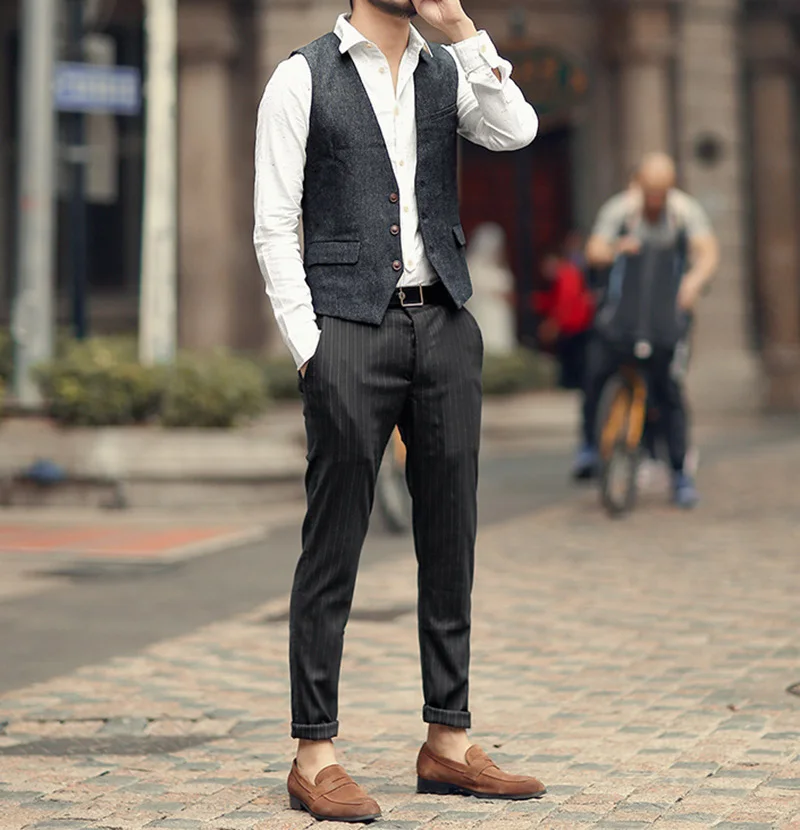 Жилет мужской твидовый с V-образным вырезом винтажный пиджак в елочку