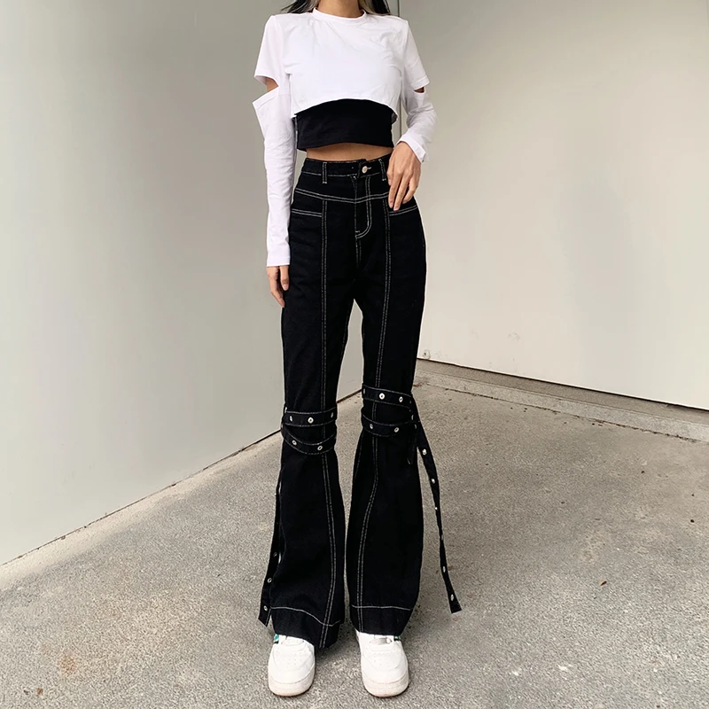 

Stylish Black Bandage Y2K Flare Jeans For Girls 2021Fashion Chic High Waist Women's Denim Pants Trouser Frmale Capris Streetwear