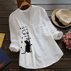 Женская рубашка с котом, льняная блузка с длинным рукавом, милые блузки, топы, рубашки с карманами и воротником-стойкой, Весенняя женская одежда