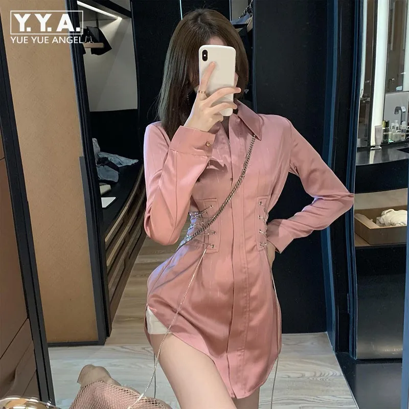 

Office Lady Spring Autumn New Design Waist Lace-Up Zipper Mid-Length Blouses Elegant Party Pink Shirt Skirt Women Korean Style